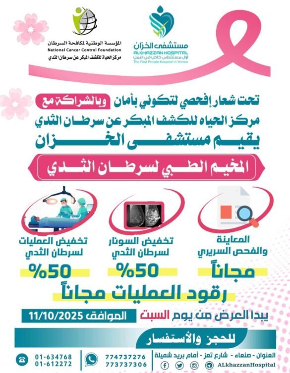 مستشفى الخزان ومركز الحياة ينظمان المخيم الطبي لفحص سرطان الثدي وسط تخفيضات مميزة.. السبت
